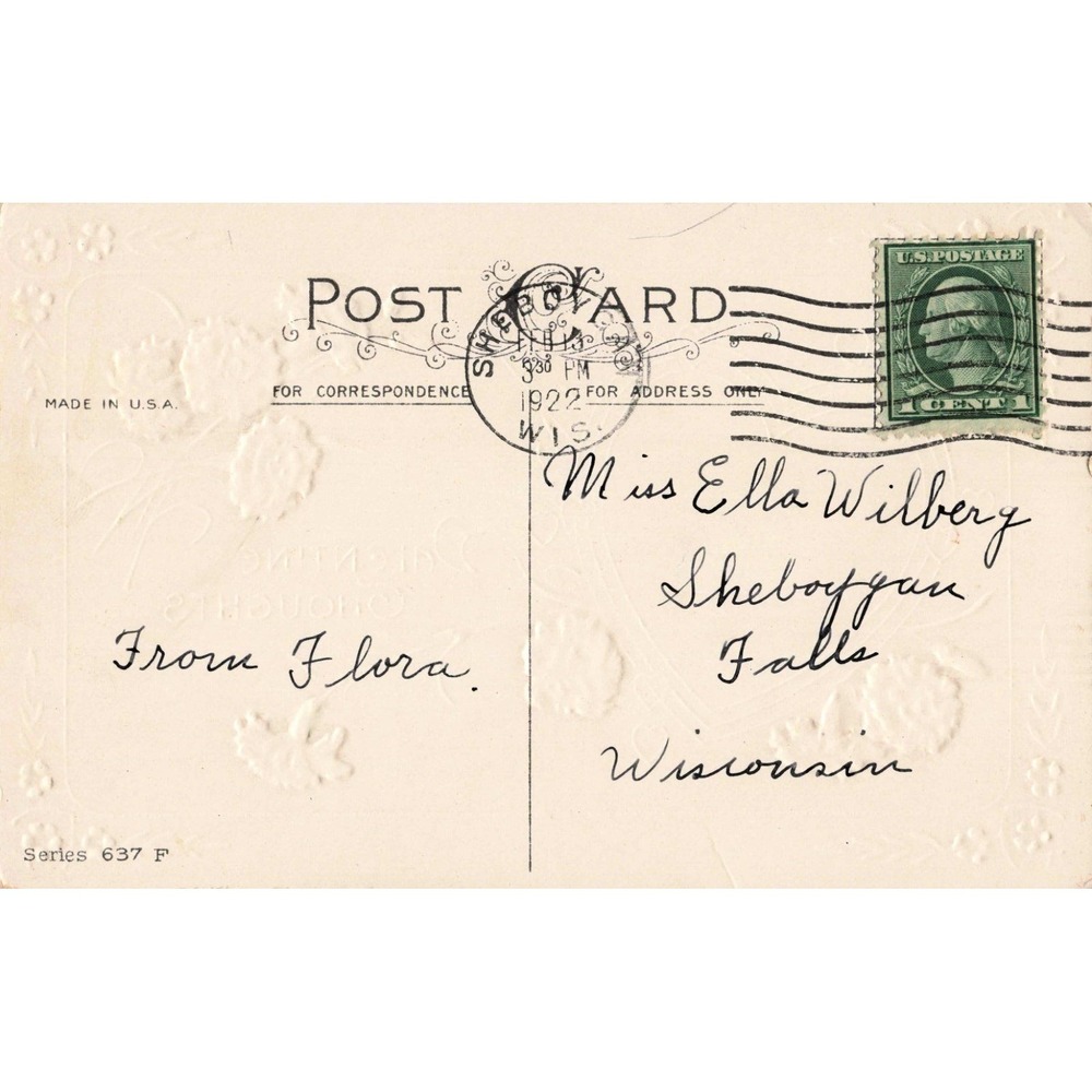 Vtg 1922 Stecher Litho Valentine Thoughts Postcard RPPC Woman Heart Carnations - Picture 2 of 2